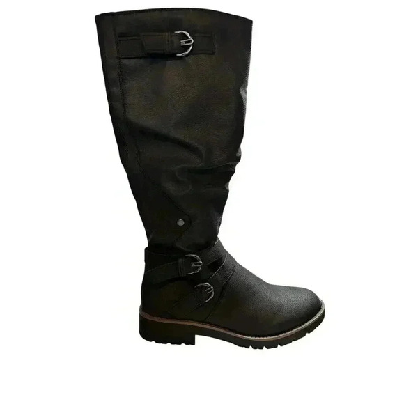 SUN STONE Womens Black Stretch Brinley Round Toe Block Heel Riding Boot 7.5 M - Picture 1 of 8